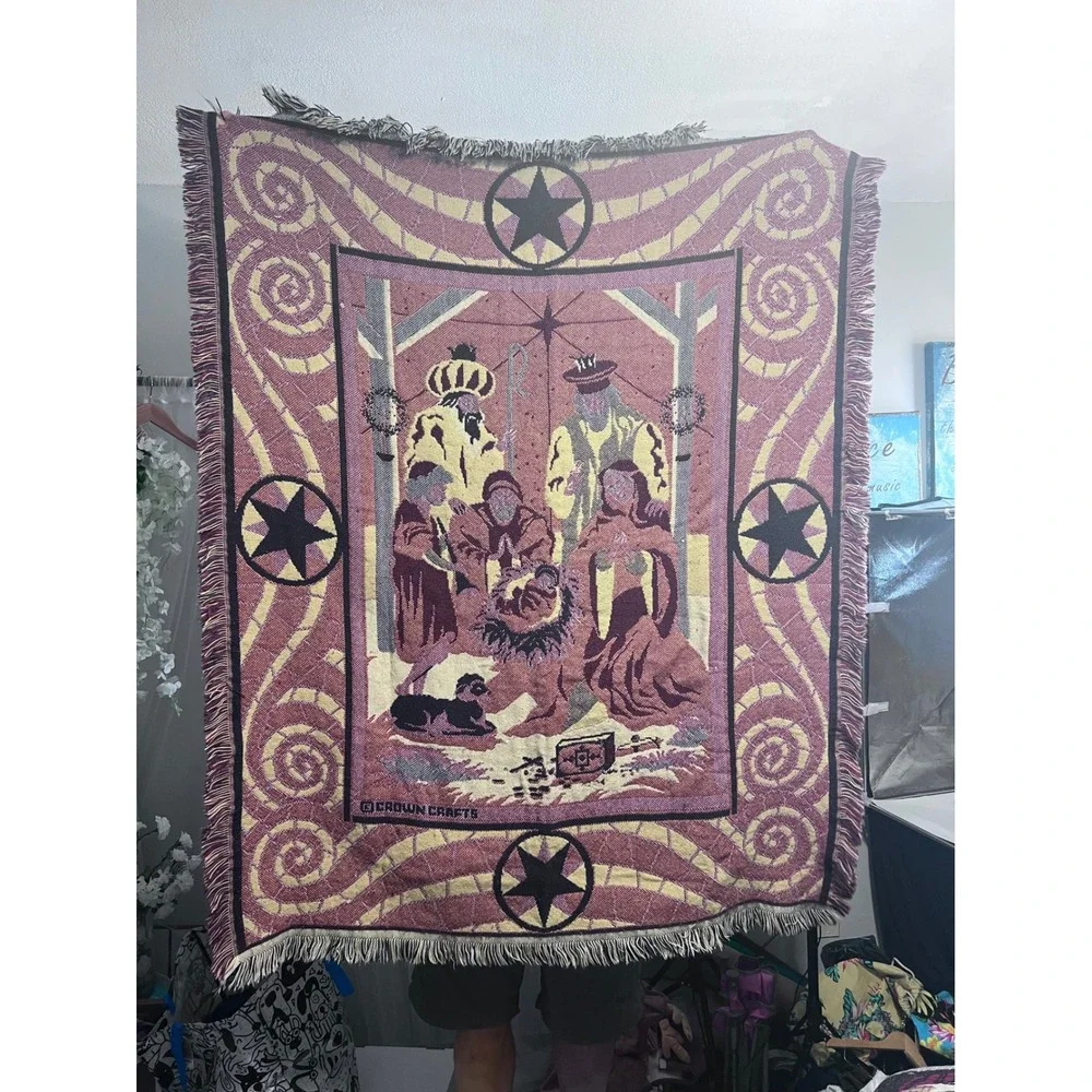 Crown Crafts Nativity Scene Woven Tapestry Throw Blanket Christmas Fringed 45x59